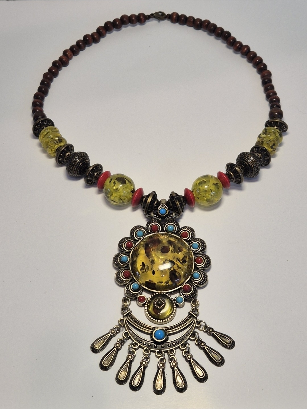 Rare Vintage Boho Yellow Pendant Necklace Turquoise Red Accents